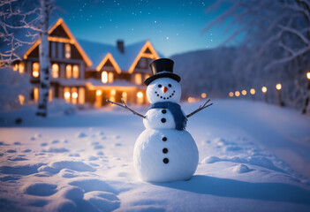 Happy snowman with scarf and black hat in beautiful snowy winter landscape with house and street lights at night generative AI