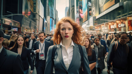 Executive woman, young businesswoman and business woman walking on busy city center street.