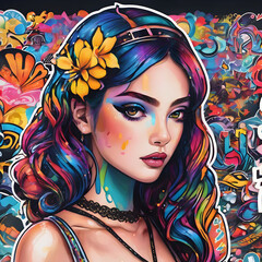 Beautiful girl with makeup against cool colorful background, illustration for T-shirts and backpacks