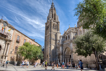 The 13th century Primatial Cathedral of Saint Mary of Toledo is a popular tourist attraction in historic Toledo, Spain
