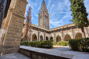 The 13th century Primatial Cathedral of Saint Mary of Toledo is a popular tourist attraction in historic Toledo, Spain