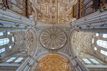 Interior vaulted ceiling of the Mezquita Cathedral, originally part of the Great Mosque of Cordoba