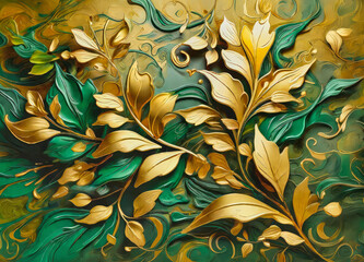 Abstract gold embossed flower and leaves on green background