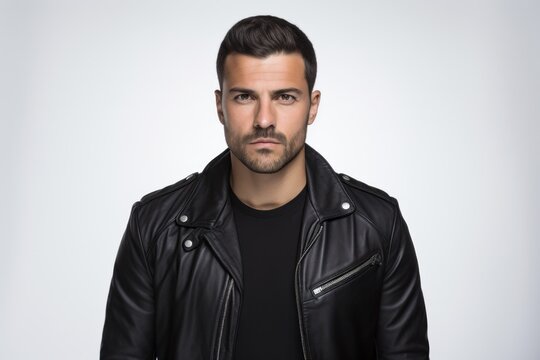 Portrait of handsome young man in black leather jacket. Man looking at camera.