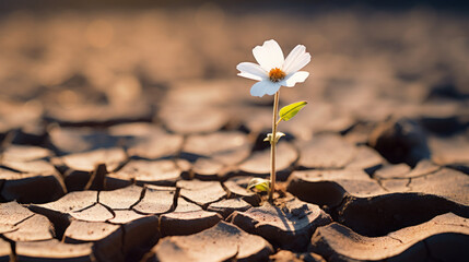 Tiny White Flower Breaking Through Cracked Earth