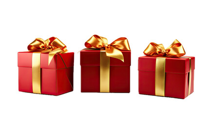 Red packages with a gold ribbon and bow in a side view, PNG,  isolated and transparent Gift-giving-themed, photorealistic illustration. Generative ai