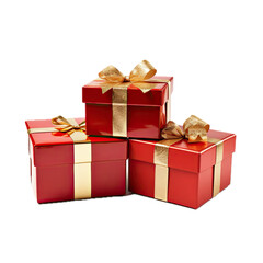 Fototapeta premium Red packages with a gold ribbon and bow in a side view, PNG, isolated and transparent Gift-giving-themed, photorealistic illustration. Generative ai
