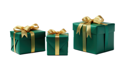  three green gift boxes with gold ribbon and bow, 3/4 view, in a PNG, Gift giving-themed, isolated, and transparent, photorealistic illustration. Generative ai