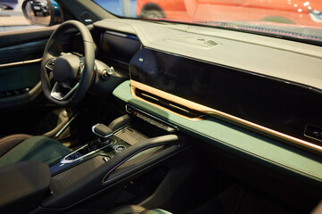 Car inside. Interior of prestige modern car. Comfortable leather seats