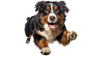 a Bernese Mountain dog running in a front view, full body, PNG, in a pet-themed, isolated, and transparent photorealistic illustration. Generative ai