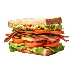 a BLT sandwich, bacon, lettuce and tomato, side view, in a PNG, Sandwich-themed, isolated, and transparent photorealistic illustration. Generative ai