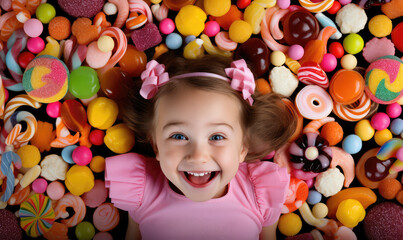 Fototapeta na wymiar Happy children among sweets, candies, cookies, chocolates, lollipops, with energy and smile.