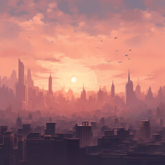 A city skyline at dawn with soft, muted colors