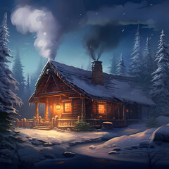 A cozy winter cabin with smoke rising from the chimney