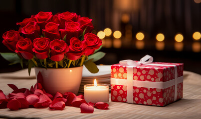 Valentine's day concept, gift box with vase of roses, petals and candle on table. Generative AI