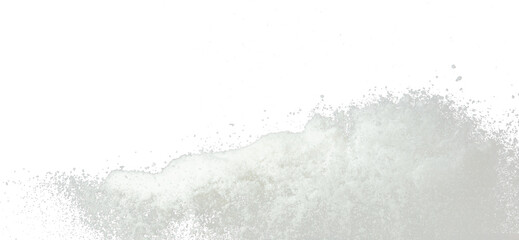 Explosion of snow falling down from sky or roof, heavy big small size snows. Freeze shot on black background isolated. Fluffy White snowflakes splash explode cloud up in mid air storm - obrazy, fototapety, plakaty