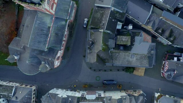 Drone aerial top view of Bacharach traditional village with Rhine river at sunset in Germany