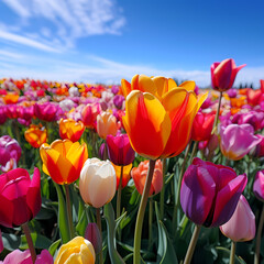 A field of tulips in various vibrant colors