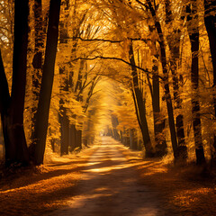 A golden autumn forest with leaves falling