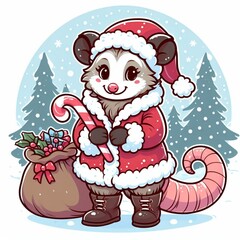 A cartoon opossum playing santa clause - obrazy, fototapety, plakaty