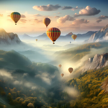 A group of hot air balloons over a misty valley.
