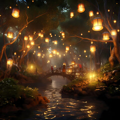 A magical forest with floating lanterns