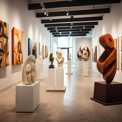 A modern art gallery with unique sculptures and paintings - obrazy, fototapety, plakaty