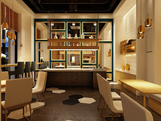 modern bakery cafe restaurant interior, 3d rendering