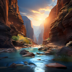 A serene river flowing through a canyon