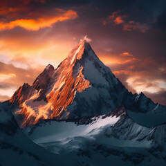 A snowy mountain peak at sunrise