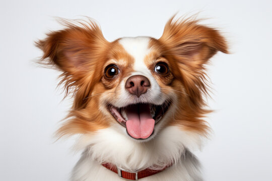 happy cute dog with his mouth wide open, Spitz dog portrait. Studio photo. Day light. Concept of care, education, obedience training and raising pets