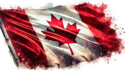 AI watercolor painting a faded national Canadian flag waving on white background