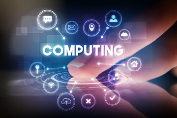 Finger touching tablet with web technology icons concept