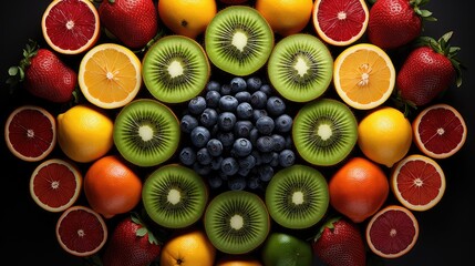 Various different kinds of fresh fruits. Flat lay, top view