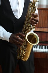 African-American man playing saxophone indoors, closeup. Talented musician