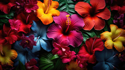 Tropical Paradise with Exotic Hibiscus Flowers, Perfect for Vibrant and Energetic Photography - obrazy, fototapety, plakaty