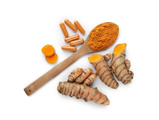 Spoon with aromatic turmeric powder, pills and raw roots isolated on white, top view