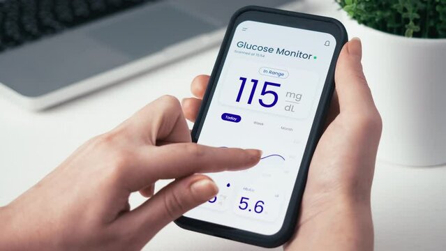 Monitoring glucose level with a smartphone app and a remote sensor. Continuous monitoring of glucose technology in diabetes treatment.