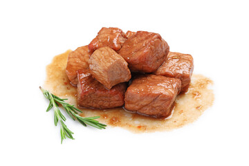 Pieces of delicious cooked beef and rosemary isolated on white. Tasty goulash