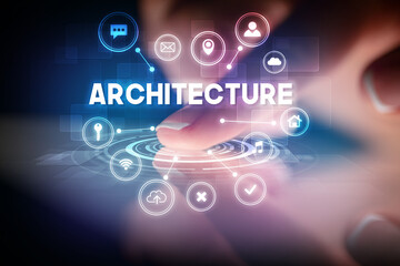 Finger touching tablet with web technology icons concept