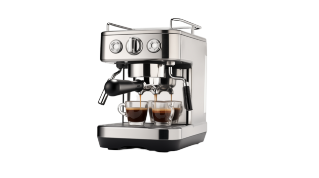 A coffee machine with two cups of coffee, ready to be enjoyed, isolated in the image