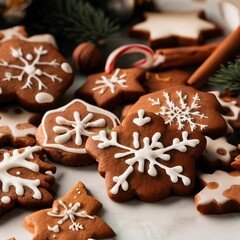 Obraz na płótnie Canvas Christmas gingerbread cookies with snowflakes on white background, closeup