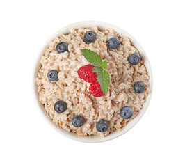 Tasty boiled oatmeal with berries in bowl isolated on white, top view