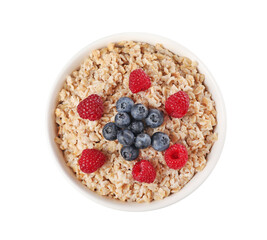 Tasty boiled oatmeal with berries in bowl isolated on white, top view