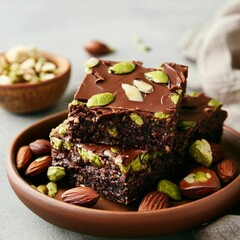 Delicious chocolate cake with pistachios on plate, closeup