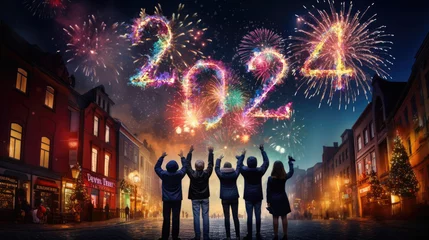 Fotobehang Firework explosion in the night sky celebrating happy new year 2024 . National firework shooting in the beautiful sky for a new year day of year 2024 . © Summit Art Creations
