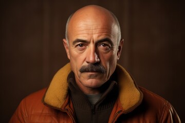 Portrait of an old man with a mustache and a brown jacket