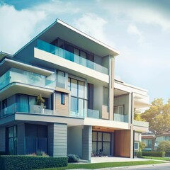 Modern apartment buildings on a sunny day with a blue sky. Facade of a modern apartment building