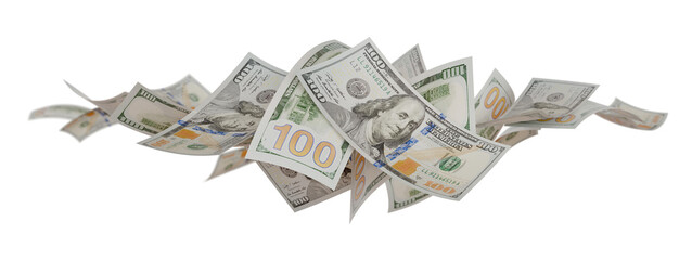 Collection of Falling One Hundred Dollar Bills Isolated. Transparent PNG.