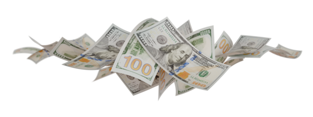 Collection of Falling One Hundred Dollar Bills Isolated. Transparent PNG.